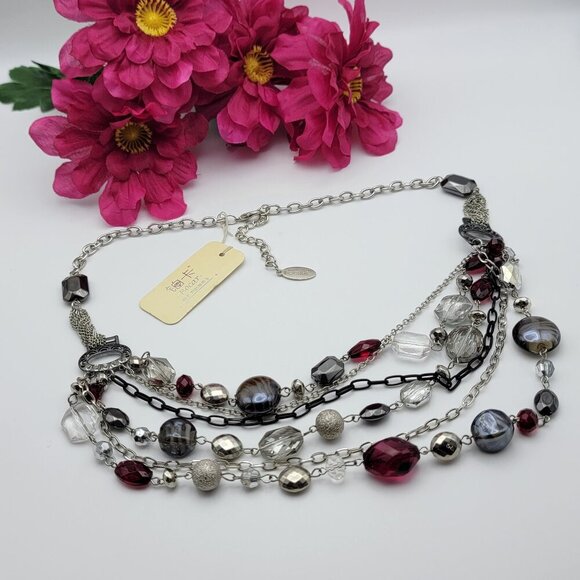 BOCAR Multi Chain Glass Bead Statement Necklace 26" Silver Tone & Red  Layered - Picture 1 of 11